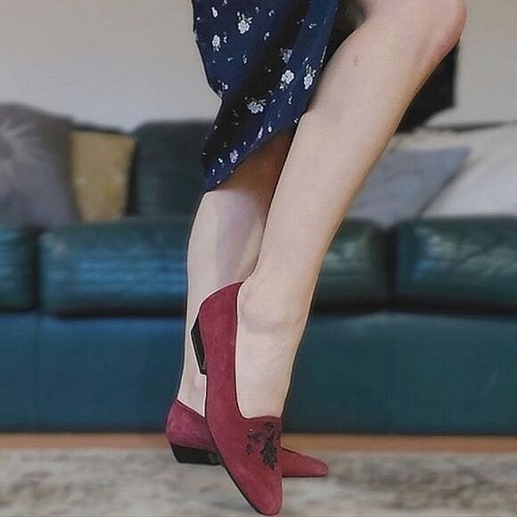 Vintage Shoes - Vtg burgundy Italian suede embroidered loafers | narrow EU 35